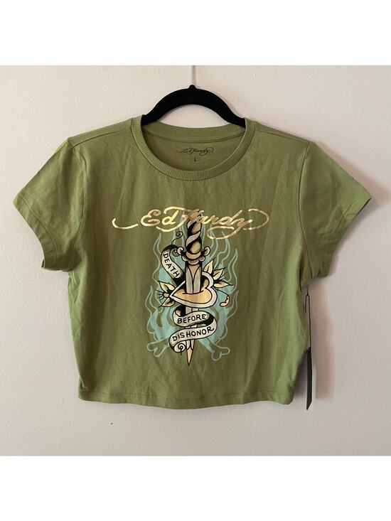Ed Hardy Tops - NWT Ed Hardy Green Cropped Baby Tee Death Before Dishonor Women's size Large